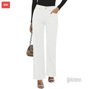 High Waisted Straight Leg Jeans Stretchy Denim Frayed Hem Casual